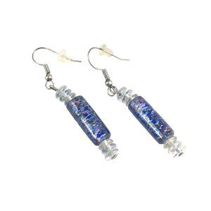 Handcrafted Glass Bead Dangle Earrings With Blue & Clear Accents Boho Beachy